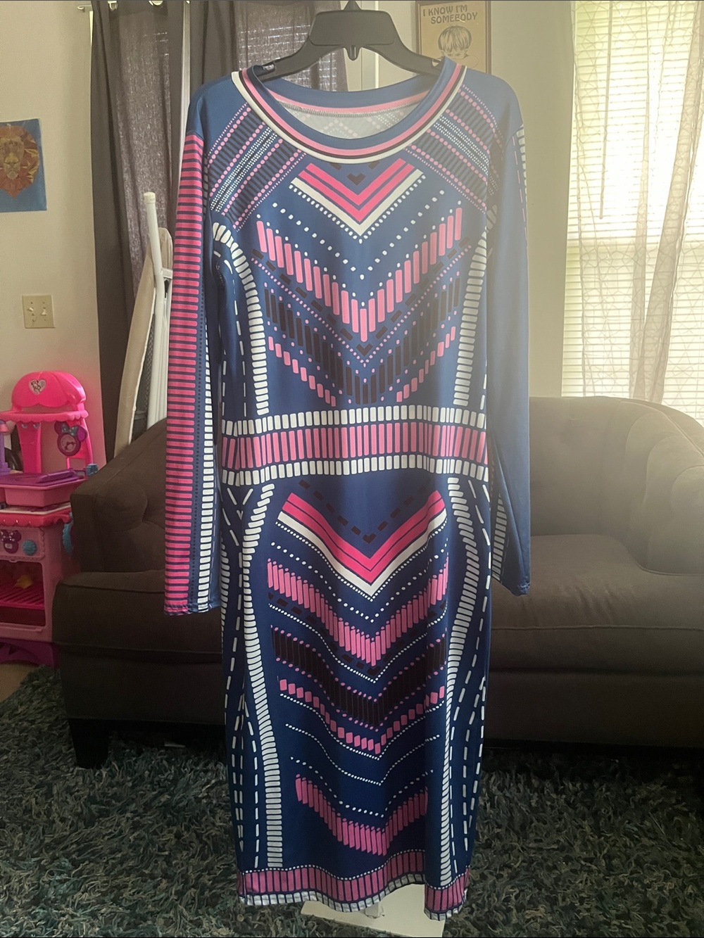 Navy Blue Geometric-Print Long Sleeve Dress with Pink Accents